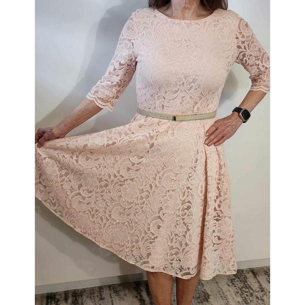M Vintage Light Pink Lace A-Line Flattering Dress and Belt